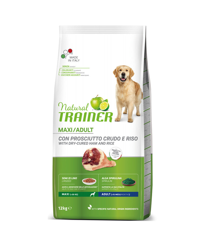 Natural Trainer Maxi Adult Prosciutto Crudo e Riso 12 Kg Natural Trainer Maxi Adult Prosciutto Crudo e Riso 12 Kg